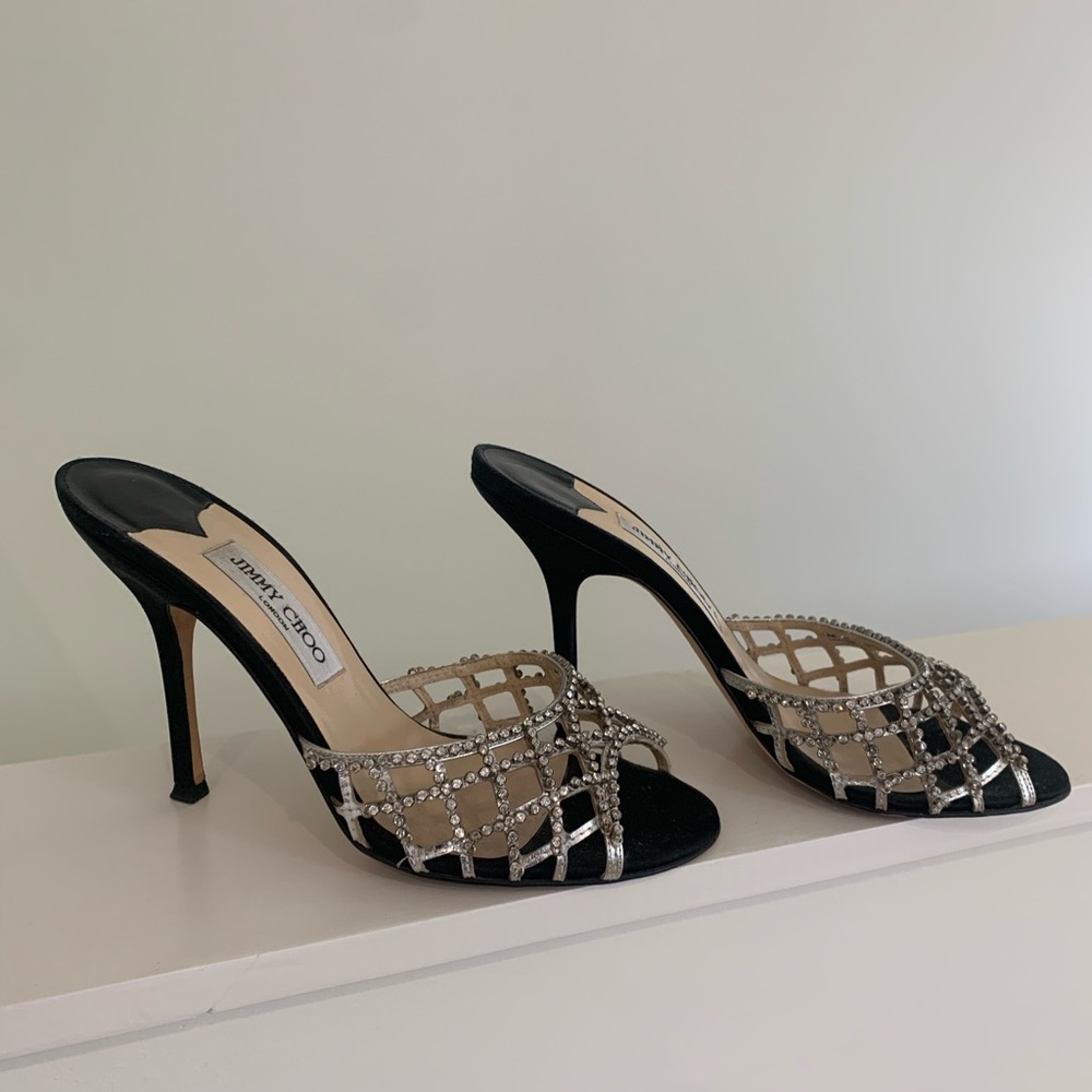 Jimmy Choo Crystal and Black Satin Mules